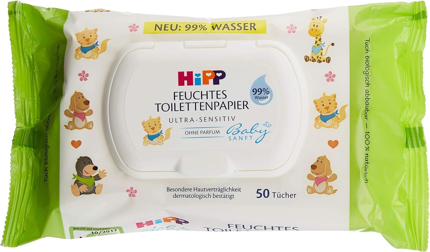 Hipp Babysanft Feuchtes Kinder toiletpapir, 6Er Pakke (6 X 50 Stück) Naty Shop