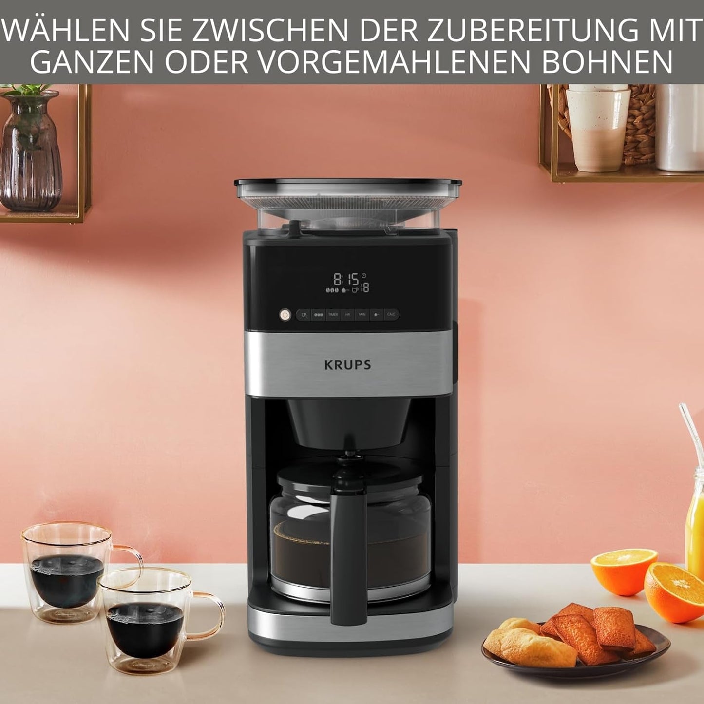 Krups Espressomaskine KM8328 Kværn med kværn | 24 timers timer | Kornbeholder 180 g | Kapacitet 1,25 l til op til 15 kopper kaffe | Autosluk funktion | 3 maleindstillinger | Sort