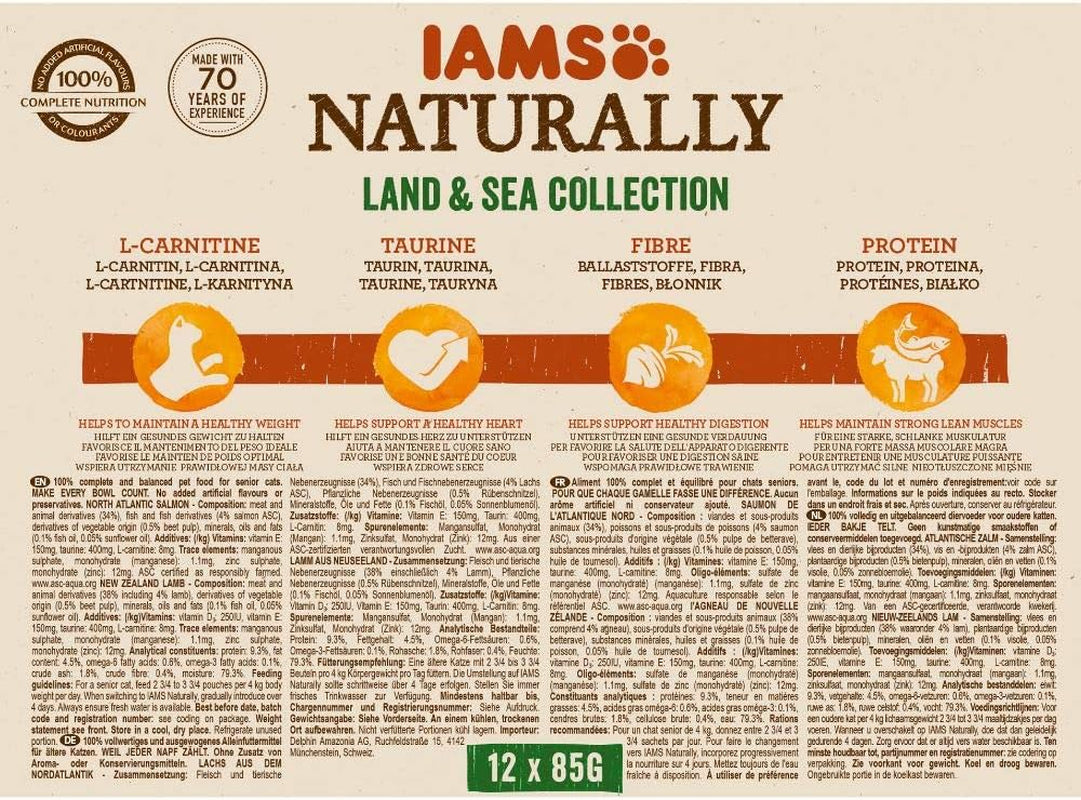 IAMS Naturally Senior Vådfoder i sauce - Højkvalitets kød- og fiskevådfoder til ældre katte, Land & Sea Collection, 12 x 85g