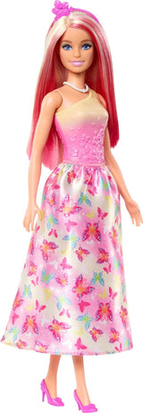 Royal Barbie Doll med fancy blond og pink hår, farverigt tilbehør, pink gradient top og sommerfugle nederdel, HRR08 Naty Shop Dolls Standard titel