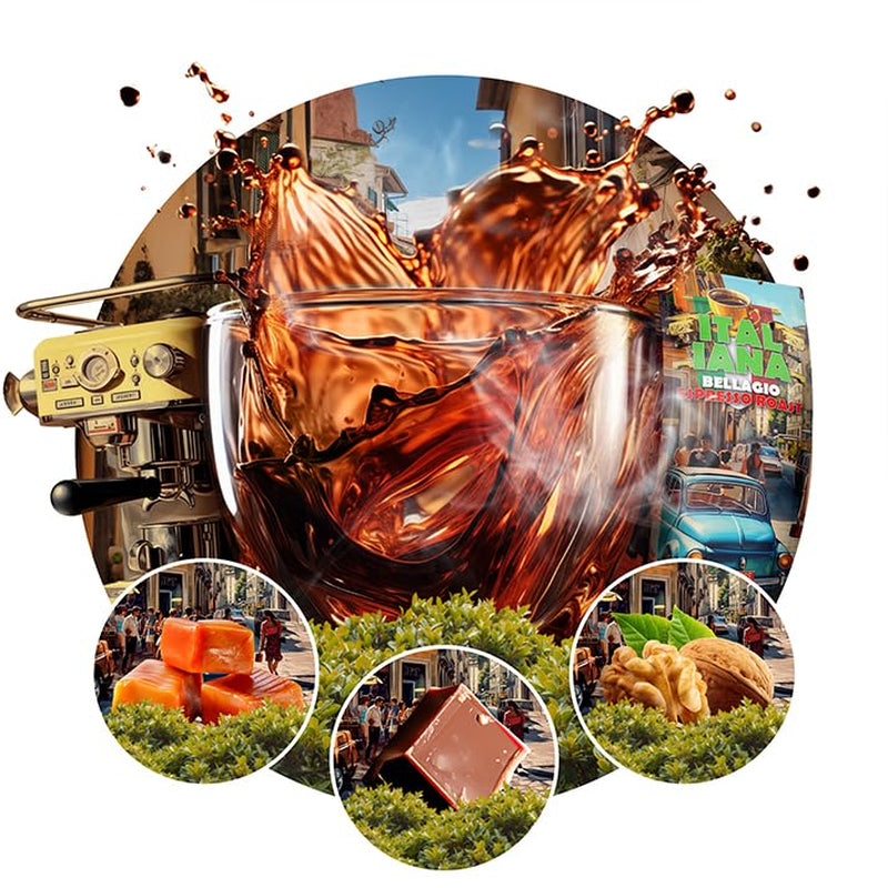 Ristede kaffebønner Italiana Bellagio 1kg | 80% Arabica og 20% ​​Robusta | med strejf af nødder og mørk chokolade | friskristet, lav syreindhold | til kaffemaskiner | Blå spækhugger kaffe