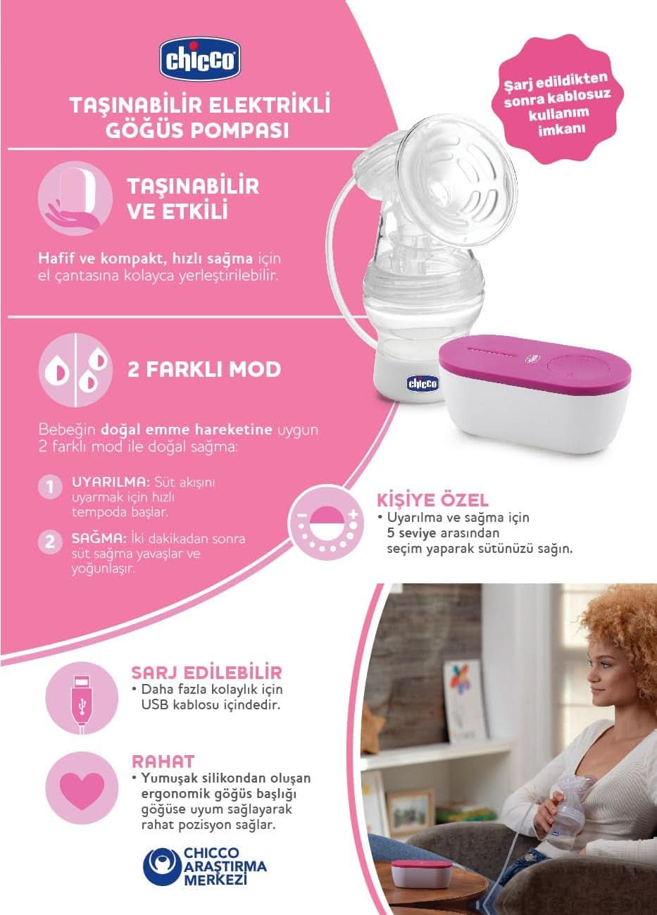 Chicco, bærbar elektrisk brystpumpe, 5 intensitetsniveauer, 150 ml Mad og ammetilbehør Bebe Naty Shop