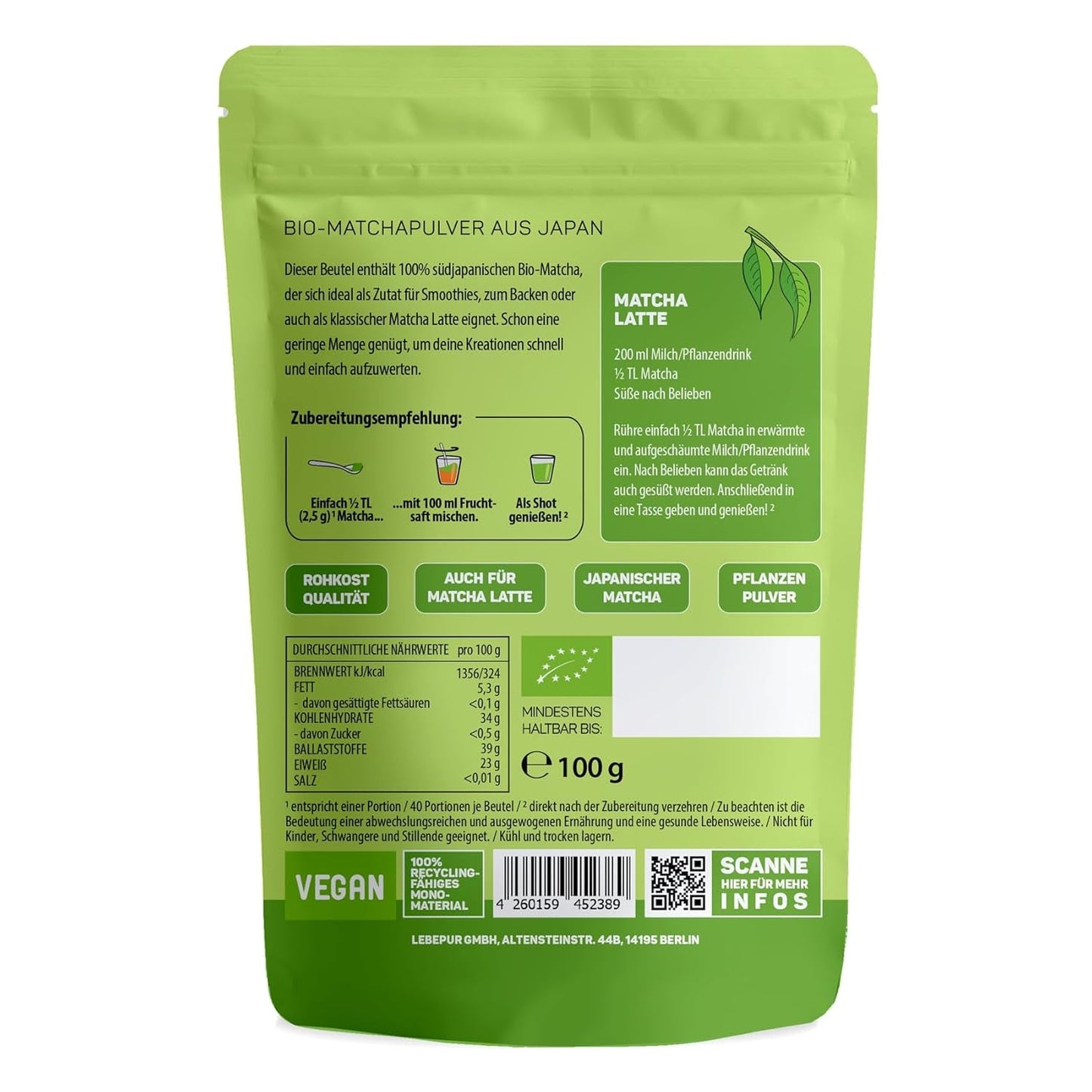 Lebepur BIO Matcha Powder 100G - Førsteklasses kvalitet fra Japan Ingen tilsætningsstoffer - 100 % ren grøn te pulver til Matcha Latte, Matcha te, grøn te, smoothie - japansk grøn te