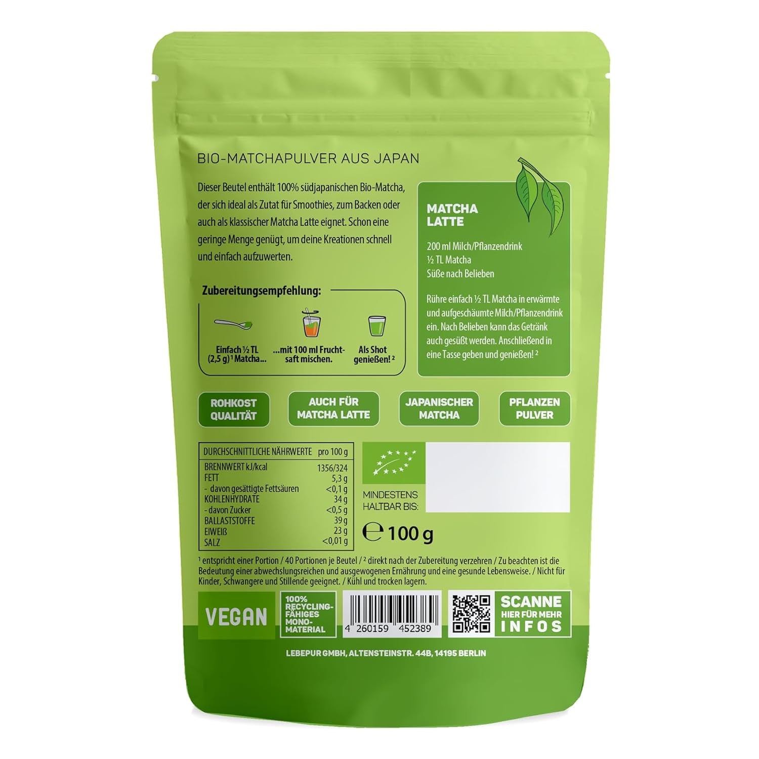 Lebepur BIO Matcha Powder 100G - Førsteklasses kvalitet fra Japan Ingen tilsætningsstoffer - 100 % ren grøn te pulver til Matcha Latte, Matcha te, grøn te, smoothie - japansk grøn te