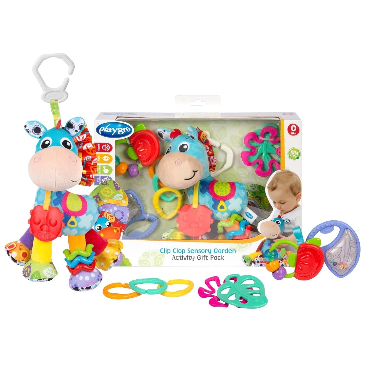 Playgro Clip Clop Sensory Garden Activity Gavepakke - Sensorisk havelegetøj til babyer fra 0 måneder - Interaktivt legetøj med rangler, bider og klapvognsven - 4 stk.