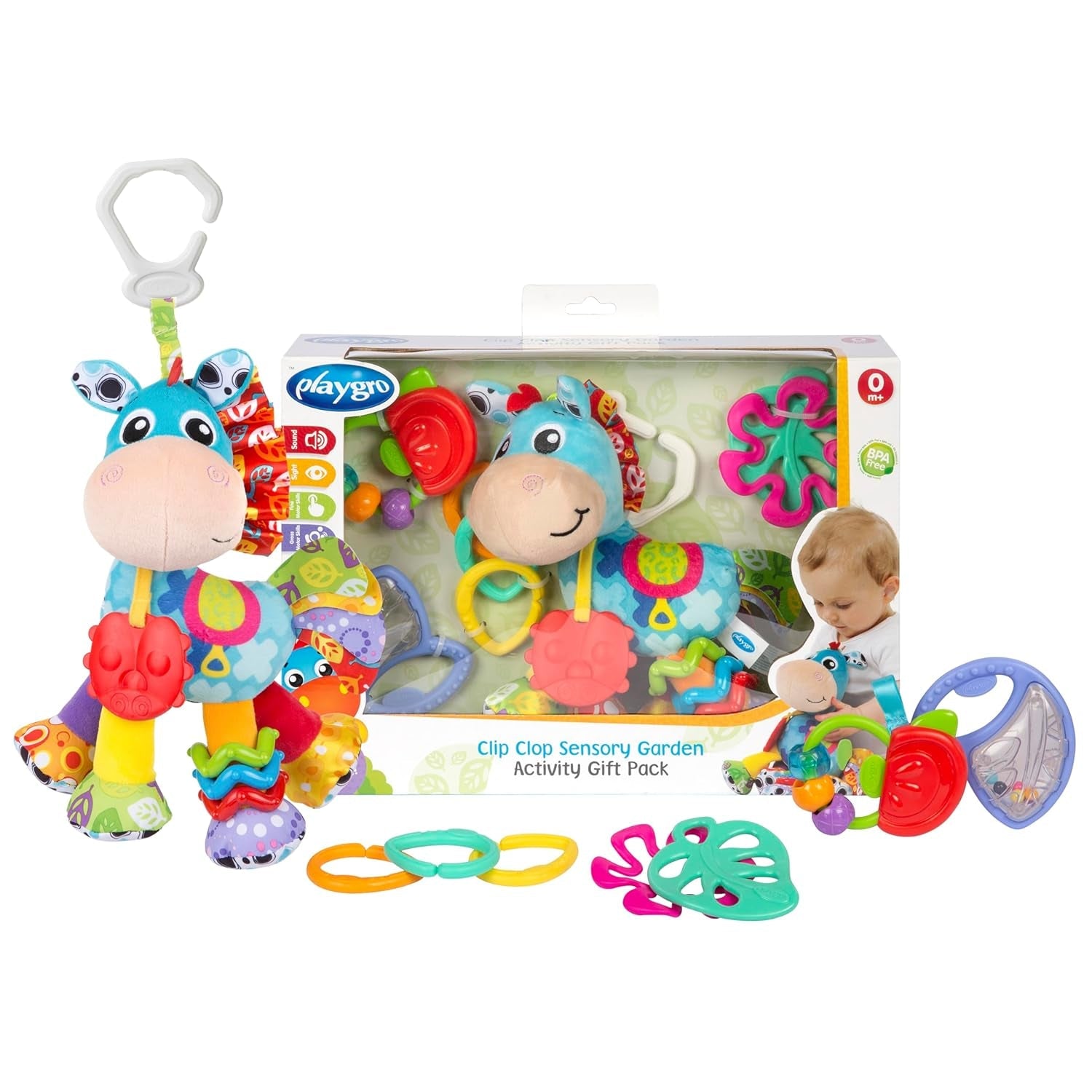 Playgro Clip Clop Sensory Garden Activity Gavepakke - Sensorisk havelegetøj til babyer fra 0 måneder - Interaktivt legetøj med rangler, bider og klapvognsven - 4 stk.