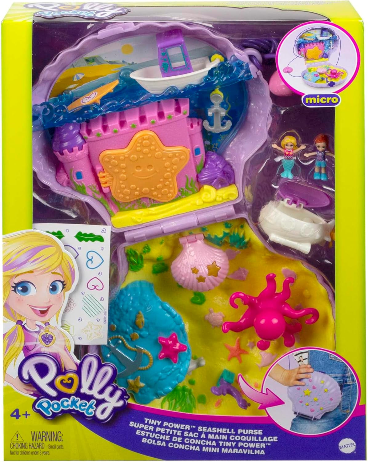 Polly Pocket Opbevaringsboks Muslingeskalstaske med 2 dukker og 1 ubåd Polly Pocket Mermaid Legetøj Age 4+ GNH11
