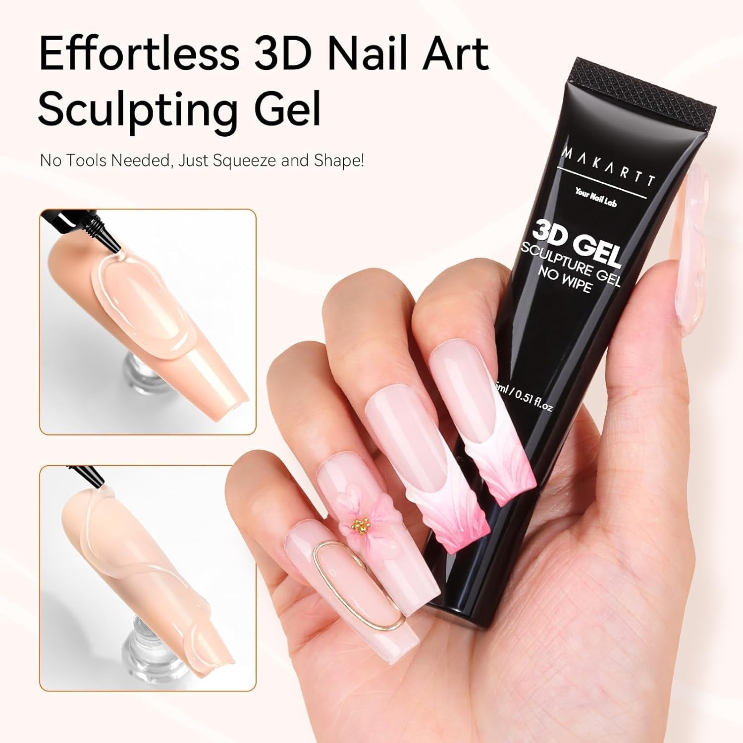 Makartt 3D Nail Art Gel - Rhinestone Glue Gel 15G til Nail Nøgleringe, Multifunktionel Nail Sculpture Gel til DIY Nail Design, Nail Sculpture Nail Modeling at Home (gennemsigtig)