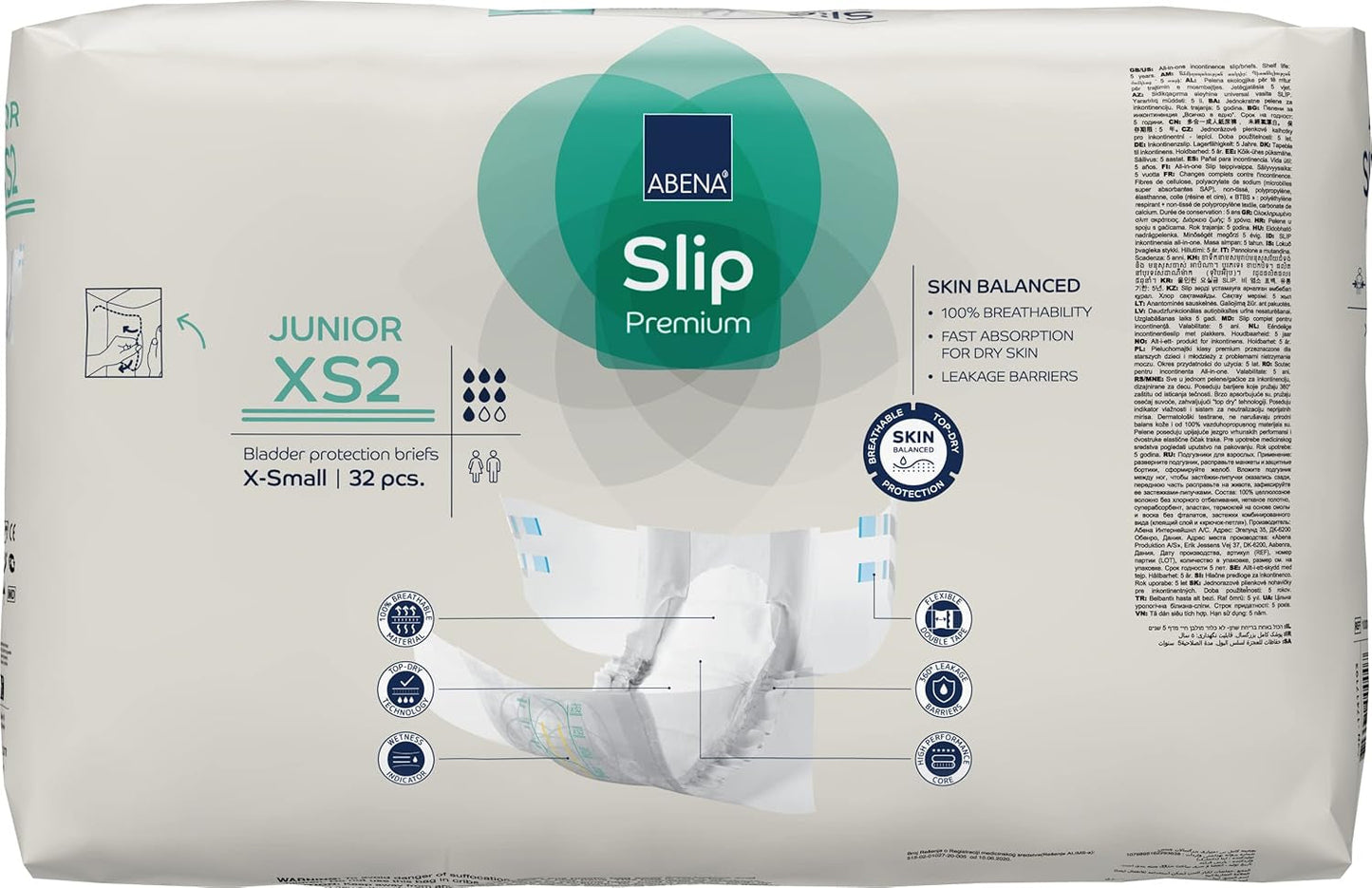 Premium juniorbleer, miljømærket, forbedret lækagebeskyttelse, sikre og behagelige babybleer - størrelse 7/XS2, taljeomkreds 40-60 cm, i alderen 5-15 år, 1 x 32 stk.