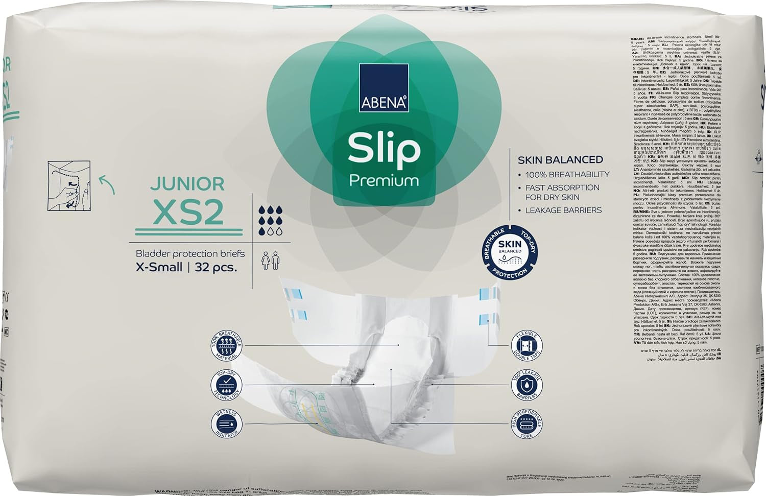 Premium juniorbleer, miljømærket, forbedret lækagebeskyttelse, sikre og behagelige babybleer - størrelse 7/XS2, taljeomkreds 40-60 cm, i alderen 5-15 år, 1 x 32 stk.