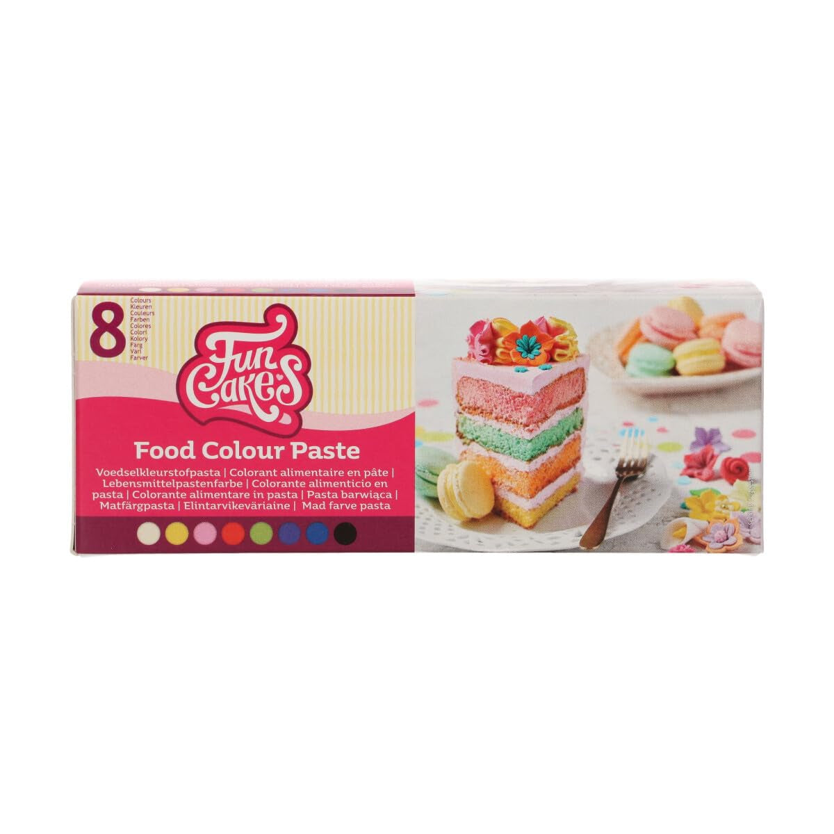 Funcakes Paste Colorants Madfarvesæt, 8 stykker: Koncentreret madfarve til dej, creme, fondant, marcipan, dej, modelleringspasta og blomsterpasta. Halal.