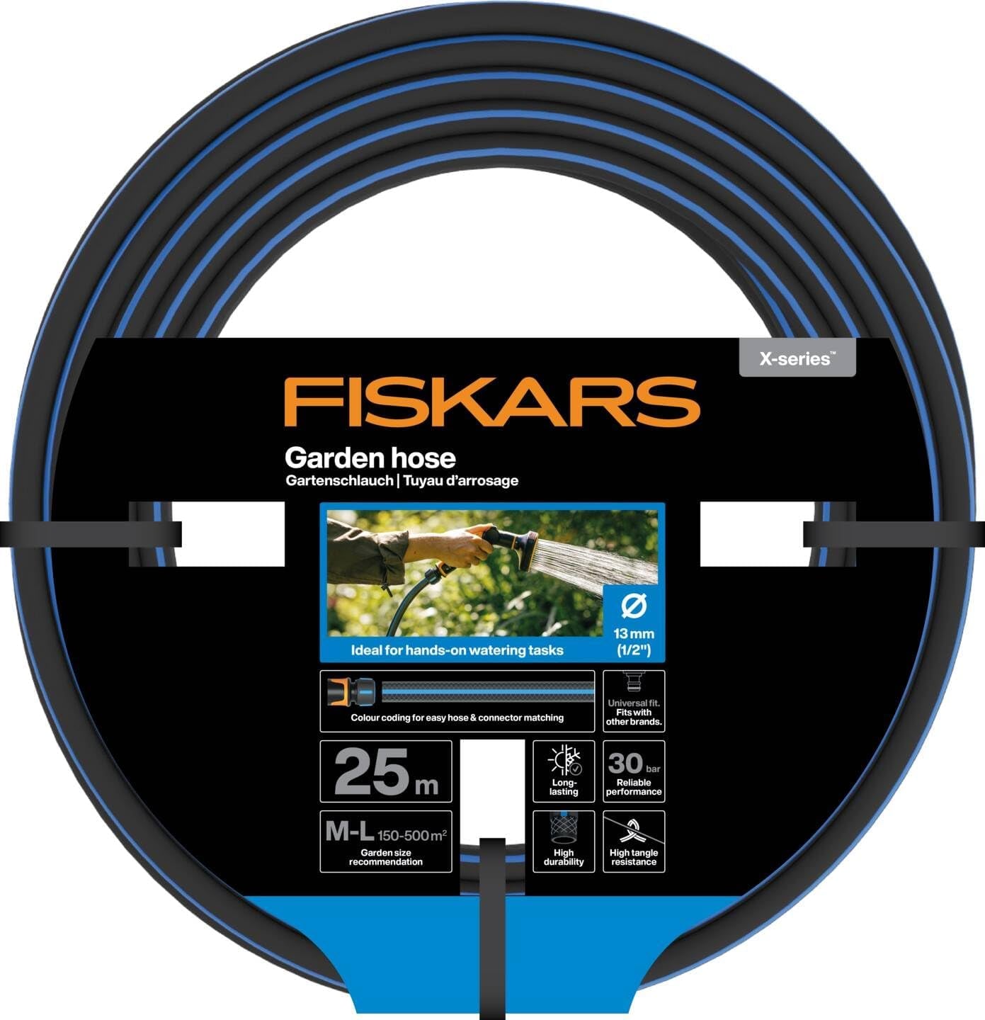 Fiskars ML Haveslange X Series Håndvandingsvandslange 13 mm (1/2"), Længde: 25m, Universalforbindelse, UV-beskyttelse, Frostbeskyttelse, Vridsikker, Blå, 1076045