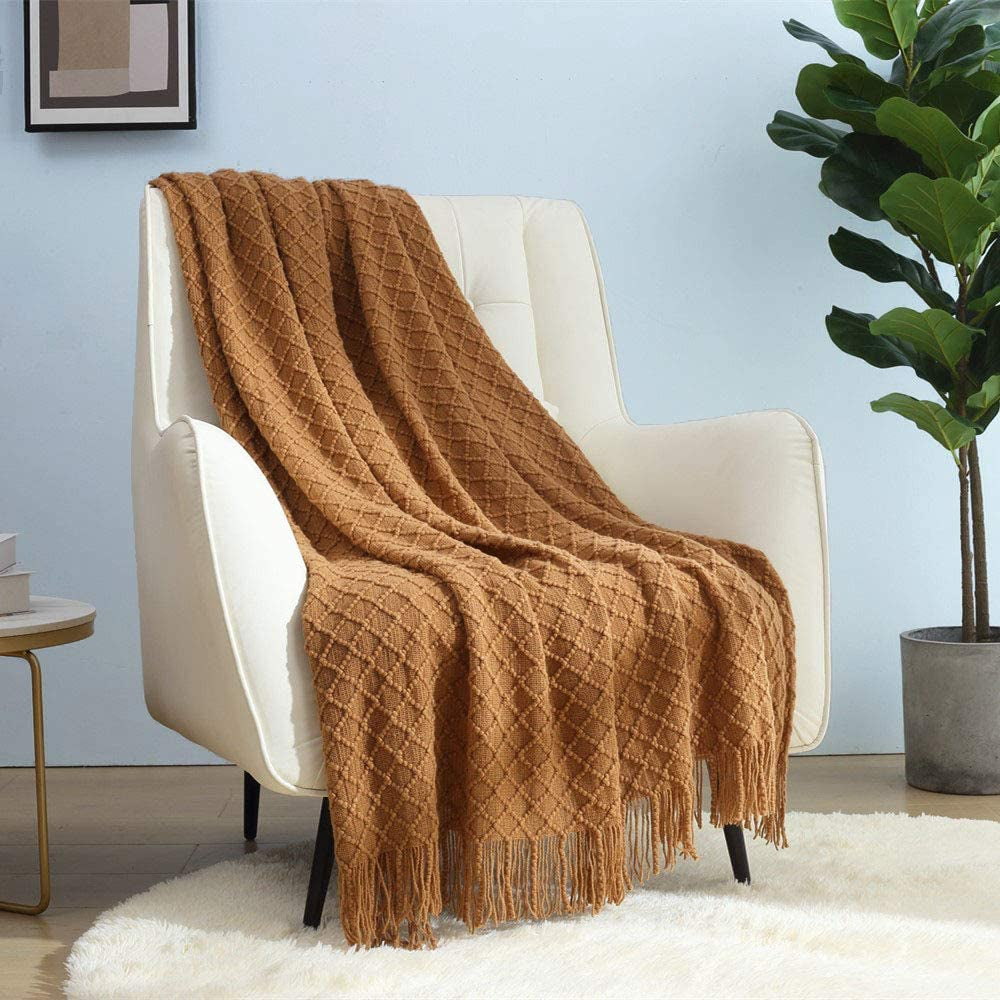CREVENT Ruststrikket tæppe til sofa Sofastol Seng Boligindretning Blødt Varm Hyggelig Letvægts Forår Sommer Efterår (127,8 X 152,4 cm Karamel / Brun / Brændt orange) CREVENT Brown Senge og tæpper