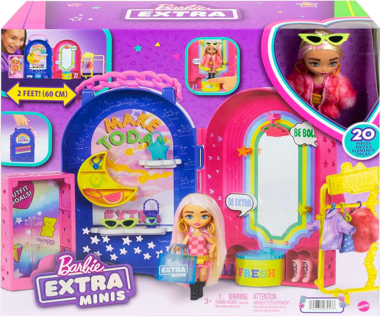 Barbie Extra Minis, Ekstra minidukke og boutique-legesæt, garderobe med skabe, hylder, spejle, 360 platform, ekstra minidukke med lyserødt hårtilbehør, HHN15