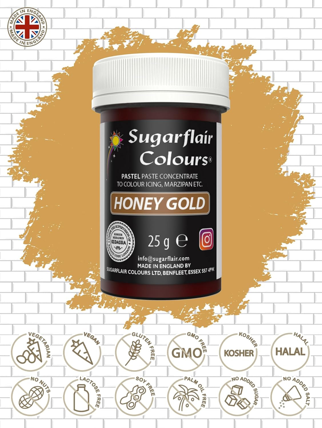 Sugarflair pasta madfarve, pastelfarve Honey Gold, pasta madfarve til fondant og marcipan, Spectral koncentrerede farver - 25 g