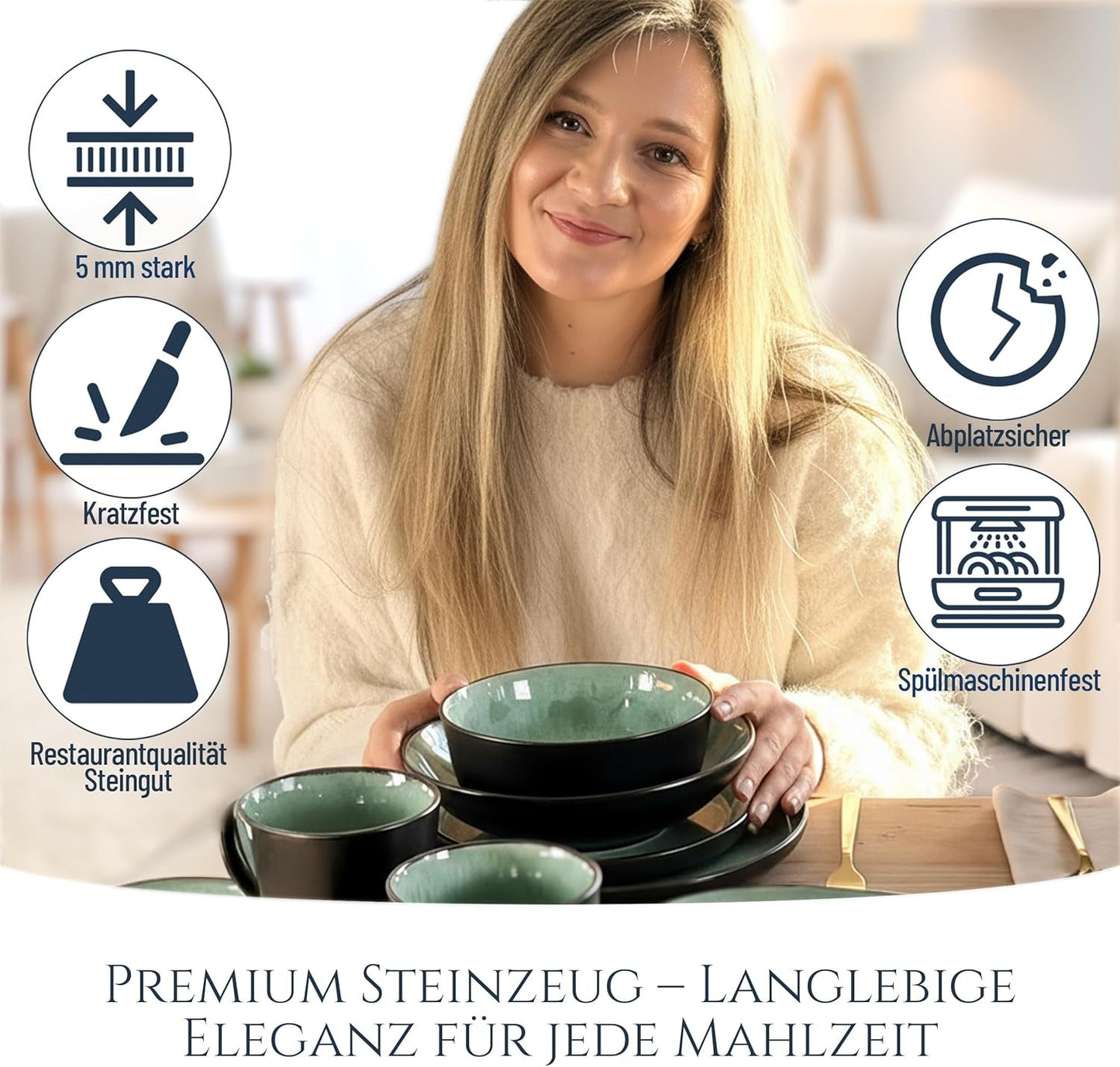24-delt keramisk stentøjsstel til 6, Ibiza-design, TESTVINDER. Et lækkert middelhavsservicesæt med skåle og tallerkener. Pure Living servicesæt, salviegrøn.