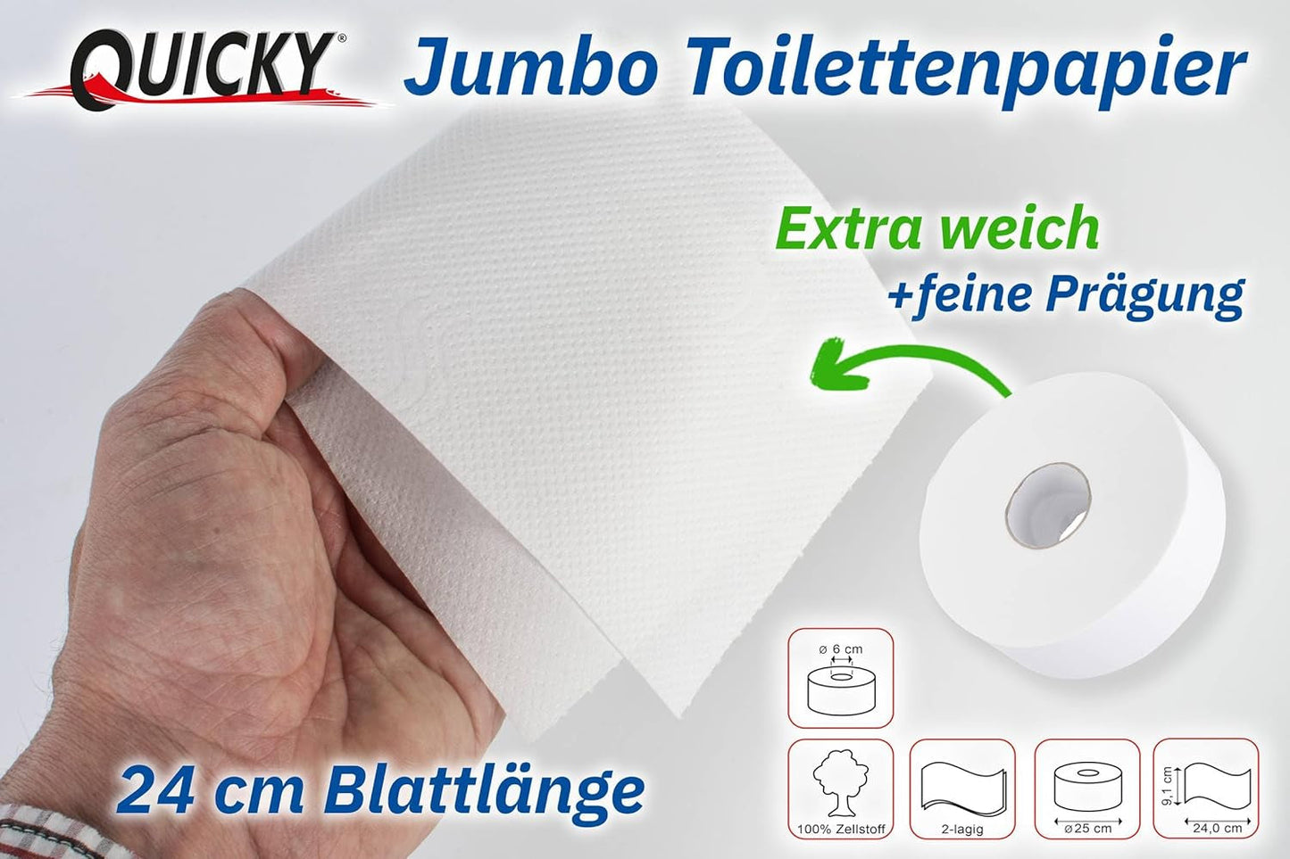 Quicky Jumbo 2-lags toiletpapir, 25 cm Ø, lys hvid, præget med fine prikker, 6 ruller - absorberende og rivefast for maksimal hygiejne, ideel til offentlige institutioner og industri
