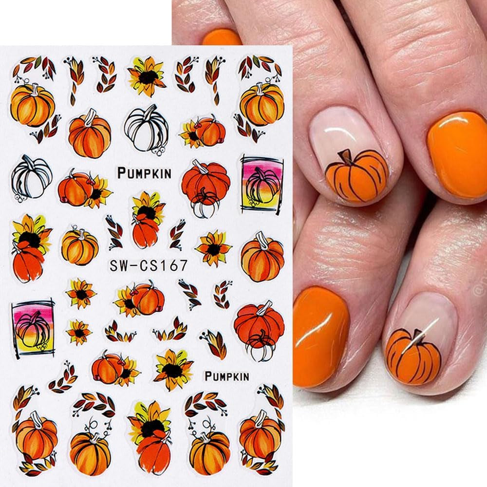3D Autumn Nail Stickers Græskarblade Negle Stickers Geometrisk linje Blomster Negle Stickers Thanksgiving Day Design Negle Stickers Efterår Pumpkin Nail Stickers Negletilbehør Negle Art