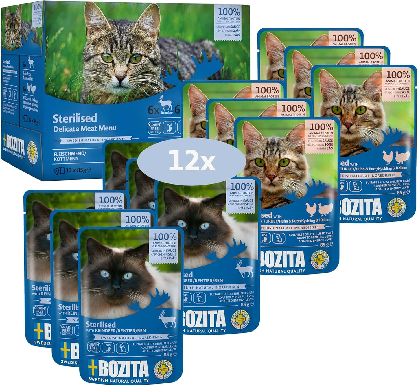 Bozita steriliseret vådfoder multiboks - stykker i kødsauce - 12 portionsposer x 85 g korn- og hvedefri blandingspakke - Kattemad med 8,5 % protein og 3,5 % fedt