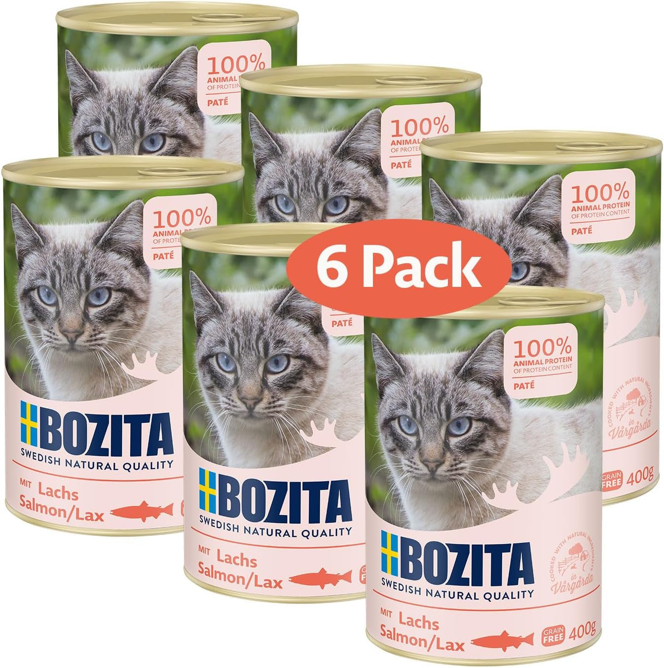 Bozita kornfri laksepostej – 6 x 400 g vådfoder til katte og killinger. Komplet mad med 9,5% protein og 5% fedt, lavet af naturlige ingredienser af høj kvalitet, kornfri - fra Sverige