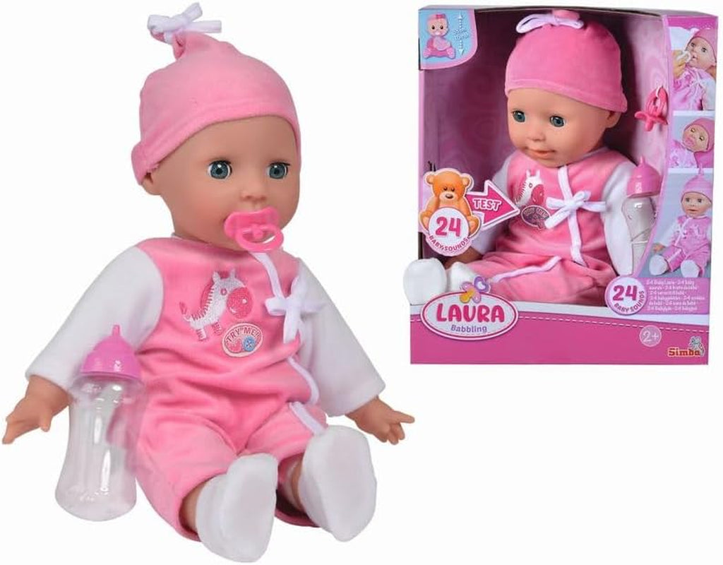 Simba 105140489 - Laura Baby Talk Doll, 38 cm blød kropsdukke med søvnige øjne i sød jumpsuit, 24 babylyde, Legedukke, Babydukke, 2+