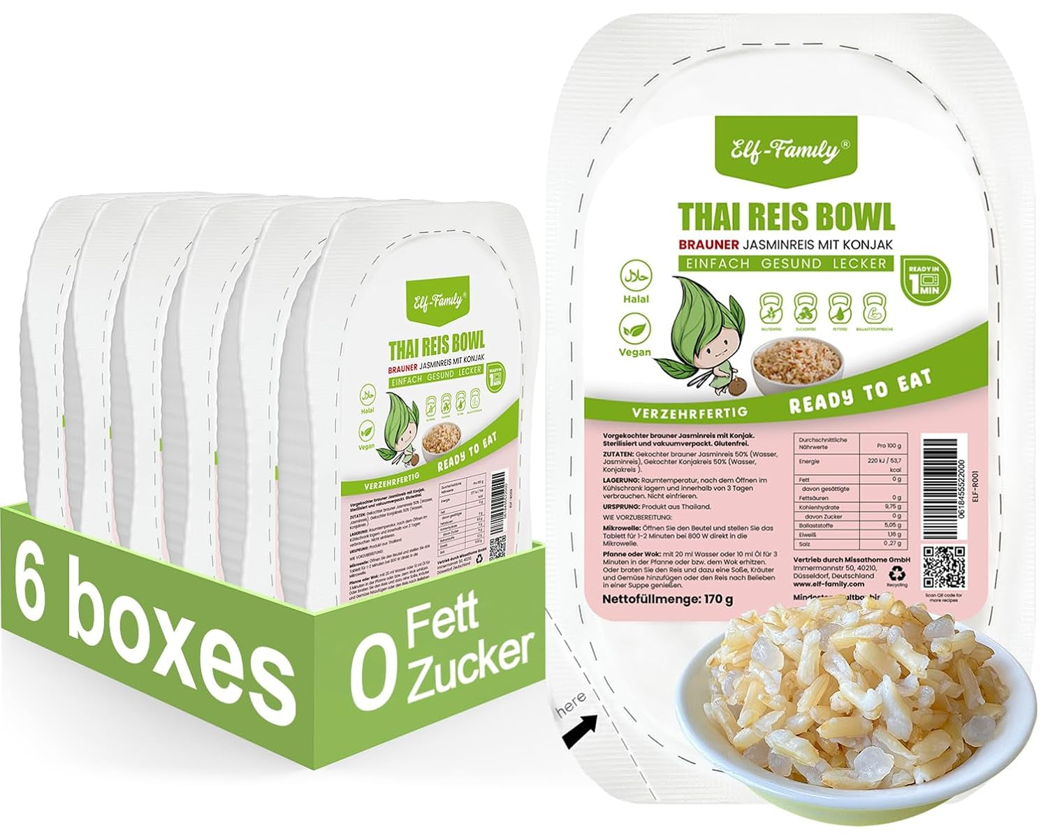 Elf-Family Konjak Reis Thai Brauner Shirataki Bowl -[Diätbox for 1 Wo.] - Instant Jasmin Reis - Fertiggerichte für Mikrowelle - Natürlich Superfoods Mikronährstoffe - Vegansk/Low Carb/Fettfrei- 6er Box