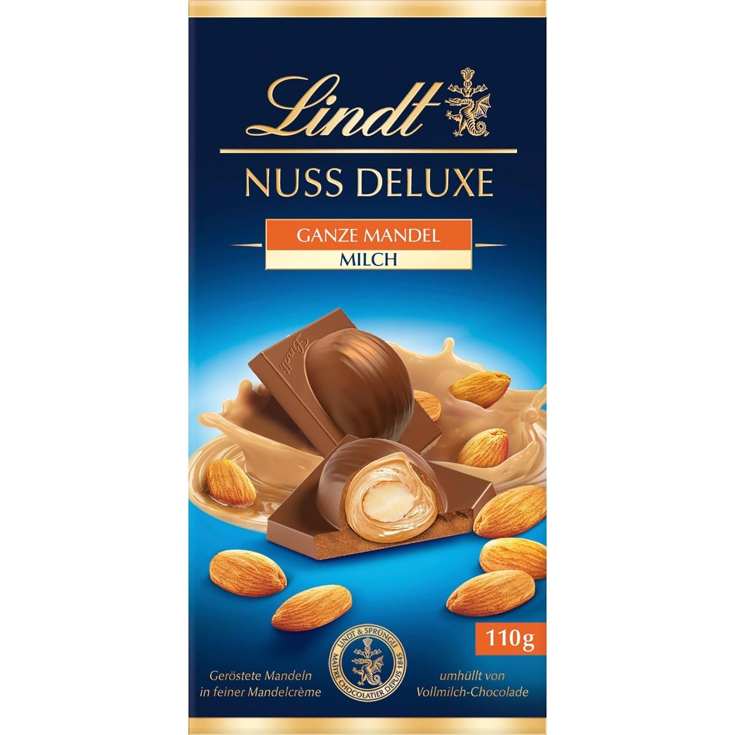 Lindt Chokolade | NUT DELUXE Chokoladebar med mælk og mandler | 110 g | Mælkechokolade med ristede mandler i en glat mandelcreme | Chokoladebar