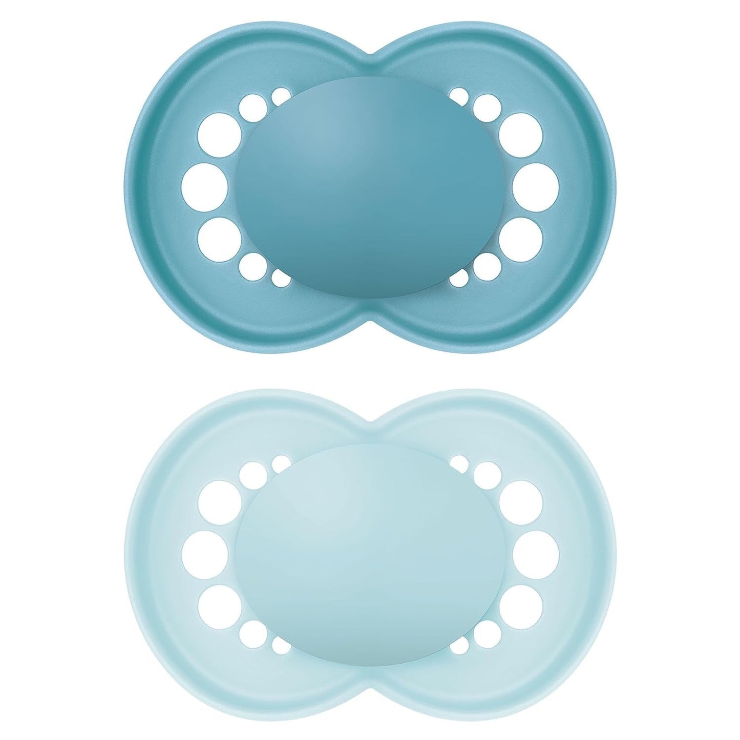 MAM originale sutter, 2-pak, tandvenlige babysutter, fremstillet af bæredygtige og bioregenererbare materialer, MAM SkinSoft silikonesutter, med sutteæske, 6-16 måneder, blå/lyseblå
