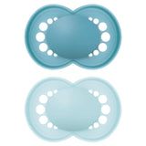 MAM originale sutter, 2-pak, tandvenlige babysutter, fremstillet af bæredygtige og bioregenererbare materialer, MAM SkinSoft silikonesutter, med sutteæske, 6-16 måneder, blå/lyseblå