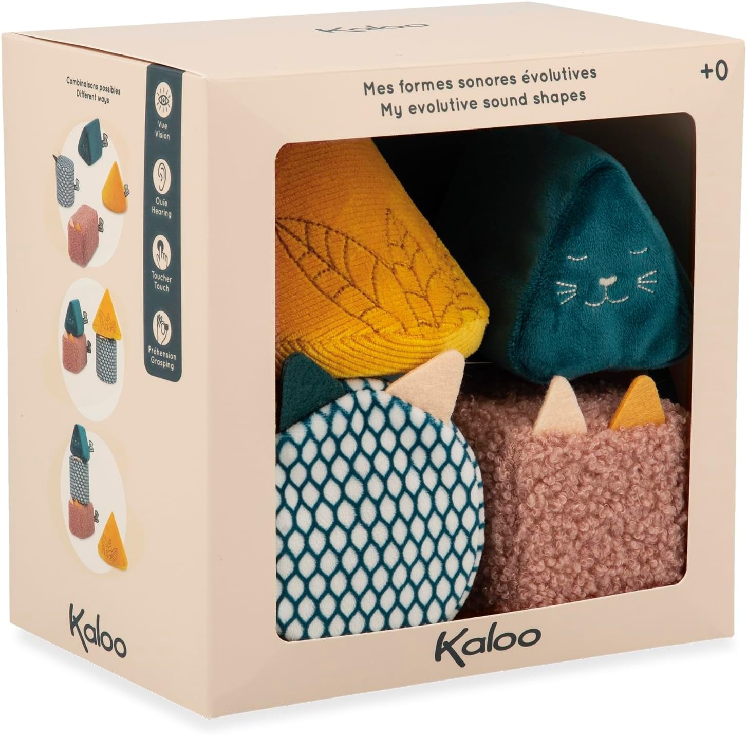 KALOO - Stimuli - 4 evolutionære former med lyde - Produkter til børn - Stableleg - Høre- og gribefærdigheder - Fra fødslen, K227002 Babylegetøj Naty Shop