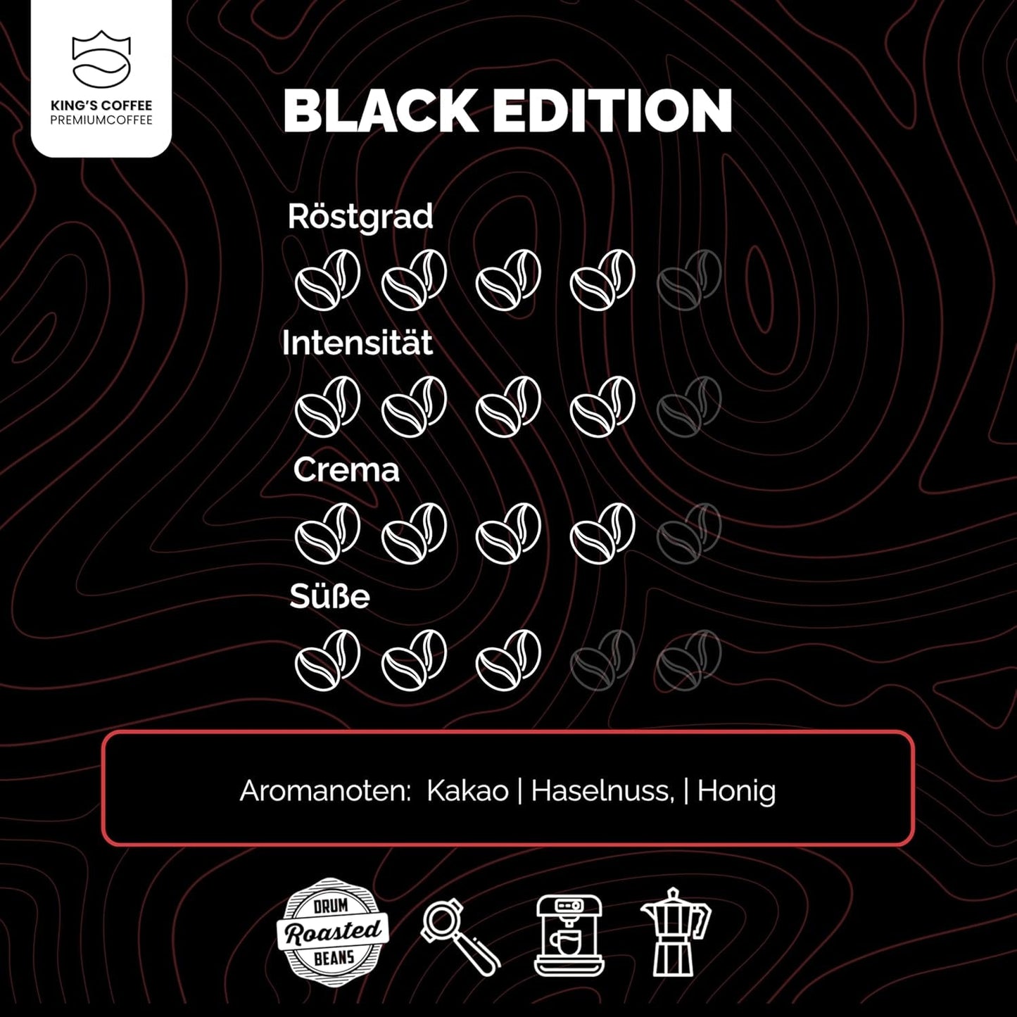 KING'S COFFEE - BLACK EDITION - 1 kg Intense Cream Kaffebønner - Kaffe med lav syreindhold - Small Batch Rist fra Italien - Stærke Arabica Espresso bønner (Blend) til fuldautomatiske og portafiltermaskiner