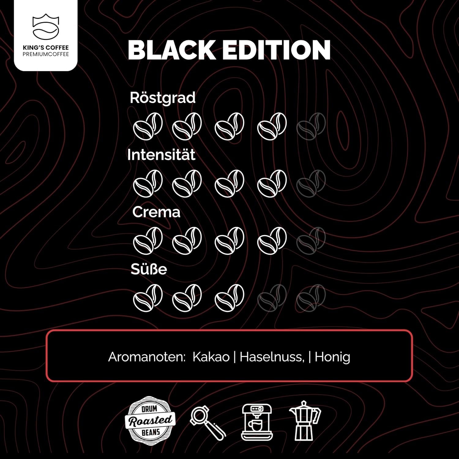 KING'S COFFEE - BLACK EDITION - 1 kg Intense Cream Kaffebønner - Kaffe med lav syreindhold - Small Batch Rist fra Italien - Stærke Arabica Espresso bønner (Blend) til fuldautomatiske og portafiltermaskiner