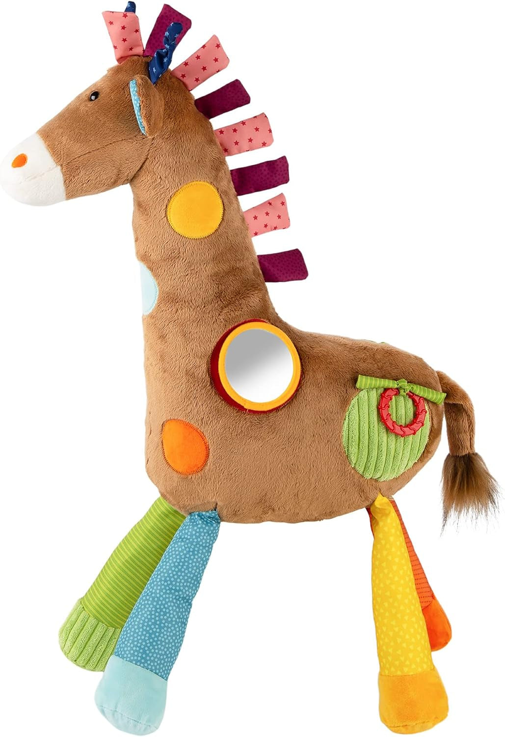 SIGIKID 42863 Giraffe XXL babylegetøj, PlayQ pædagogisk legetøj, plyslegetøj med bidering, rangle, spejl, knirkende, til babyer og børn fra 3 måneder, multifarvet/giraf 72 cm legetøj Bebe Naty Shop