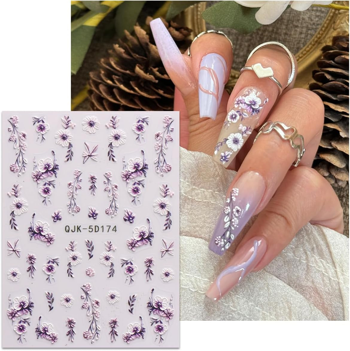 JMEOWIO 3D Nagelsticker Blumen Nail Art Sticker Selbstklebend Nagelaufkleber 5D Stereoskopisk Frühling Sommer Dekoration Nageldesign Zubehör 4 Blatt