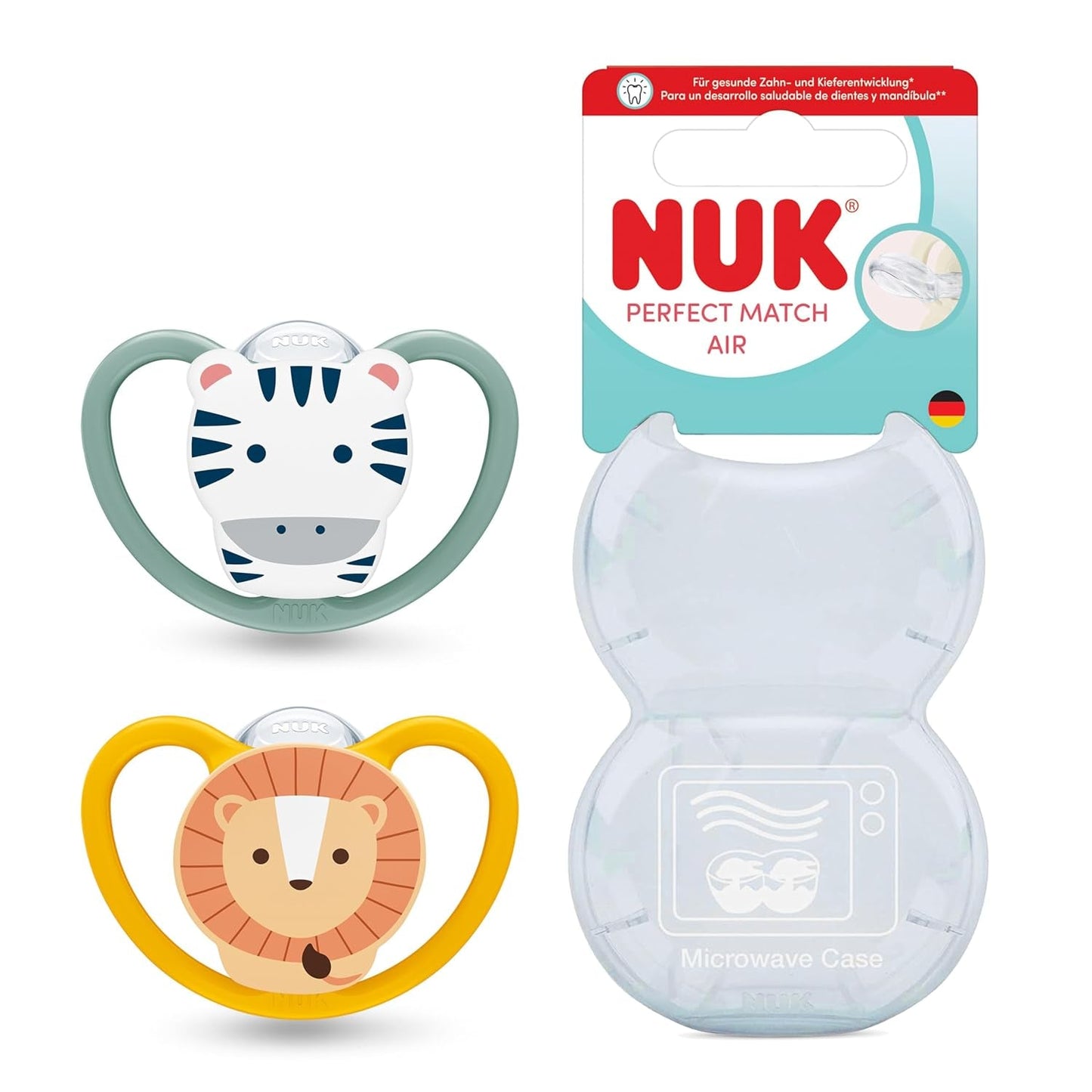 NUK Perfect Match luftsutter til babyer | 6-18 måneder | Ortodontiske sutter, der fremmer luftcirkulationen og forhindrer udslæt forårsaget af spyt | 95 % accept af babyer** | Zebra/Leo | Pakke med 2
