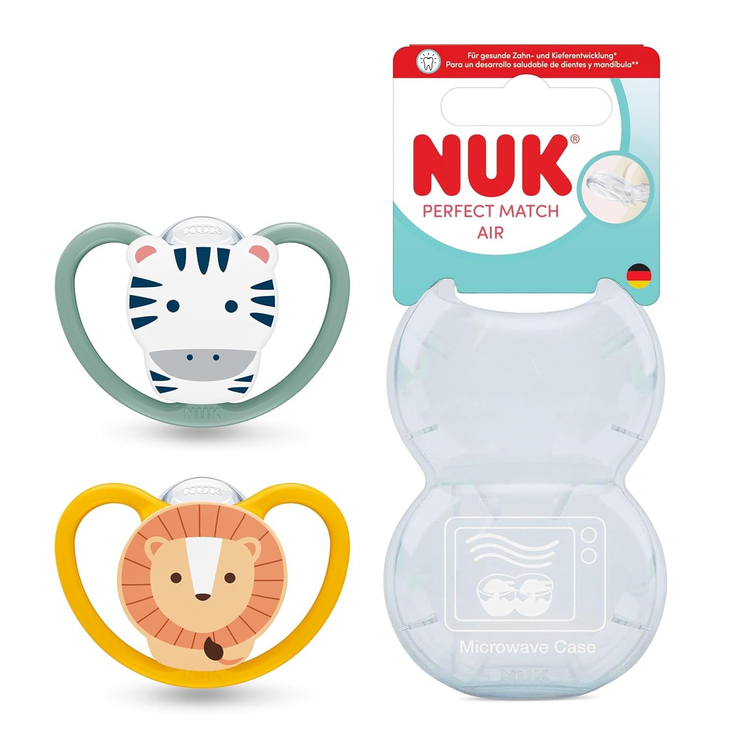 NUK Perfect Match luftsutter til babyer | 6-18 måneder | Ortodontiske sutter, der fremmer luftcirkulationen og forhindrer udslæt forårsaget af spyt | 95 % accept af babyer** | Zebra/Leo | Pakke med 2