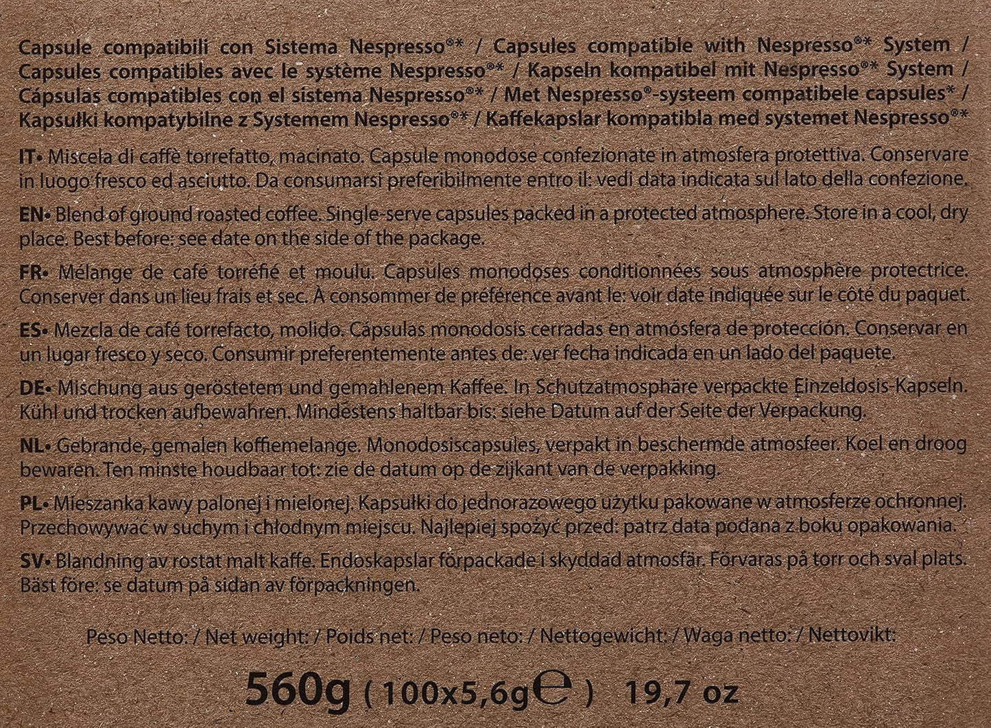 Decaffeinato kaffekapsler Nespresso-kompatible 5,6 g x 100 kapsler