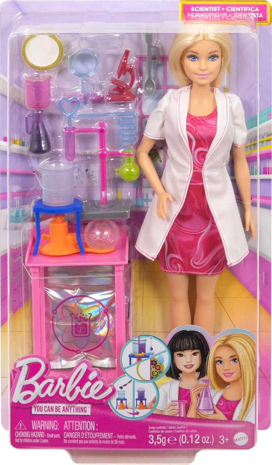 Barbie Scientist dukke og tilbehør med moderigtig blond dukke, laboratoriebord, mikroskop, farveskiftende bæger og petriskål, JCR70