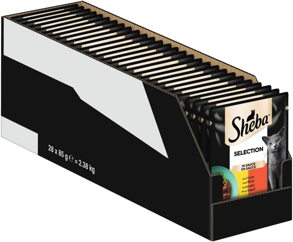 Vådfoder til katte Sheba Selection i portionsposer med kylling og oksekød i sauce 28x85g
