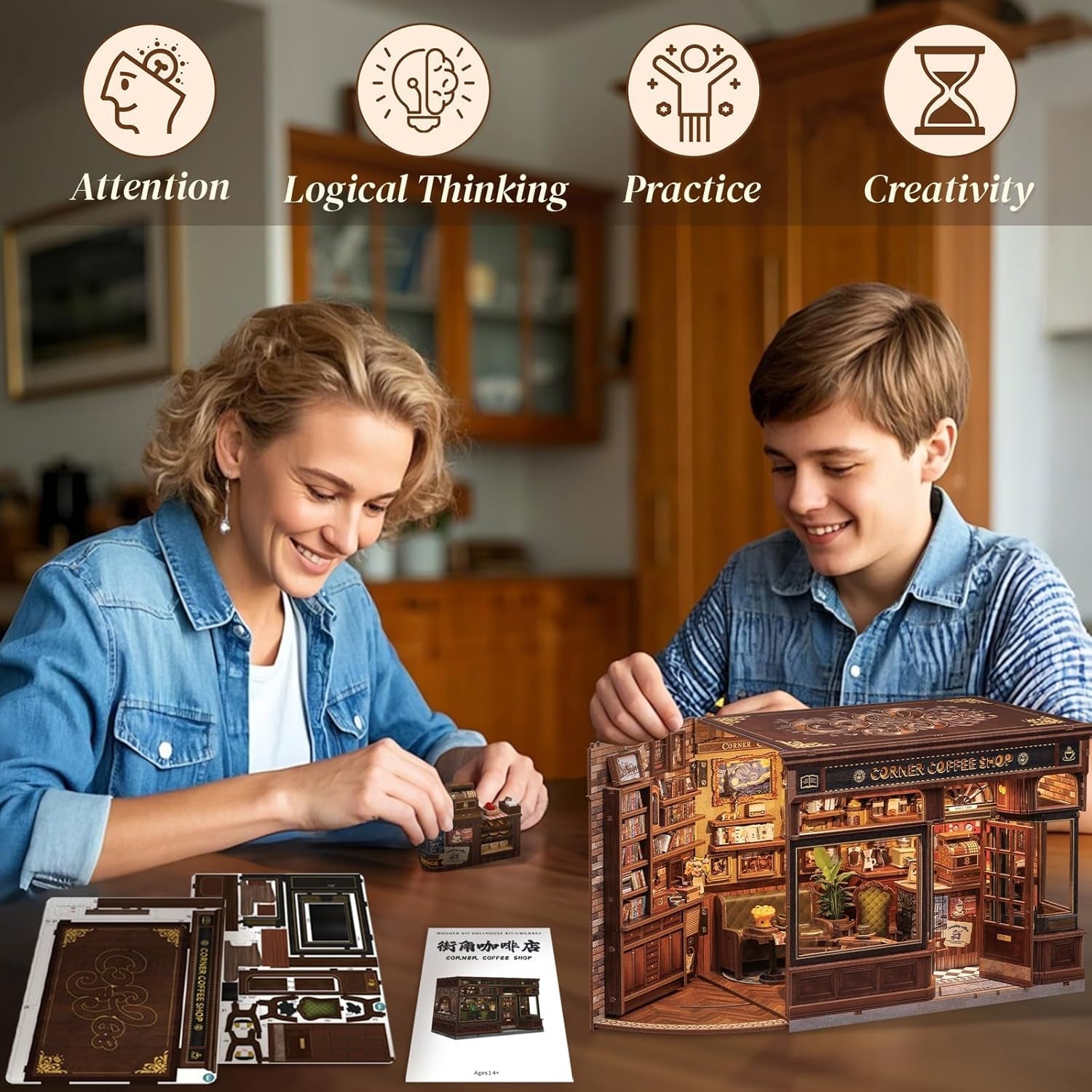 CUTEBEE Book Corner Kit - DIY dukkehuse, LED Light Up Miniature House Building Kit til voksne, 3D træpuslespil og bogstativ - Bogreoldekoration og gave (Corner Cafe)
