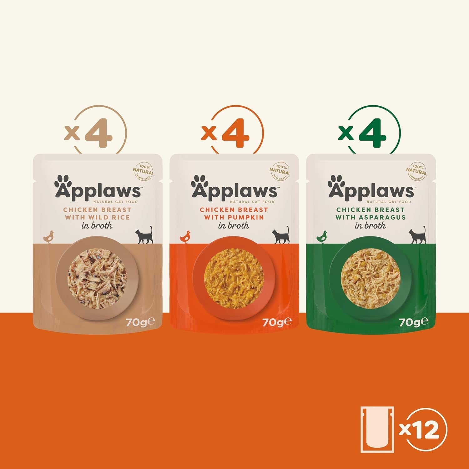 Applaws Premium naturligt våd kattefoder, udvalg af kylling i suppe 70 g portionsposer (12x70 g)
