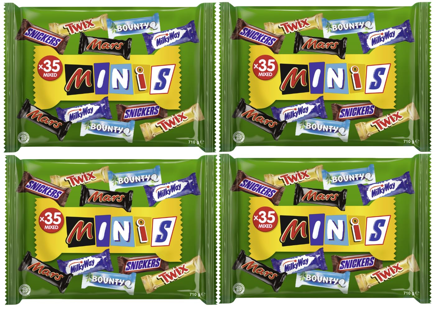 Miniblandet chokoladepakke, chokolade, 35 minichokoladesnacks (Mars, Snickers, Bounty, Twix, Mælkevejen) som slik, chokoladegave, slikæske (710 g)