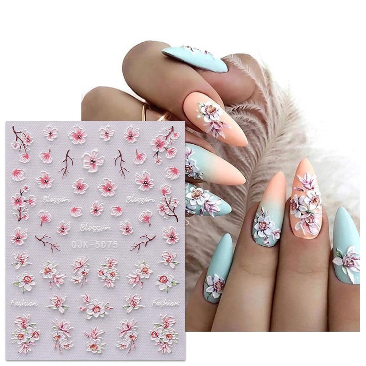 JMEOWIO 6 Blatt 3D Nagelsticker Frühlings Blume Nail Art Sticker Selbstklebend Nagelaufkleber 5D Stereoskopisk Bunte Sommer Blumen Dekoration Nageldesign Zubehör