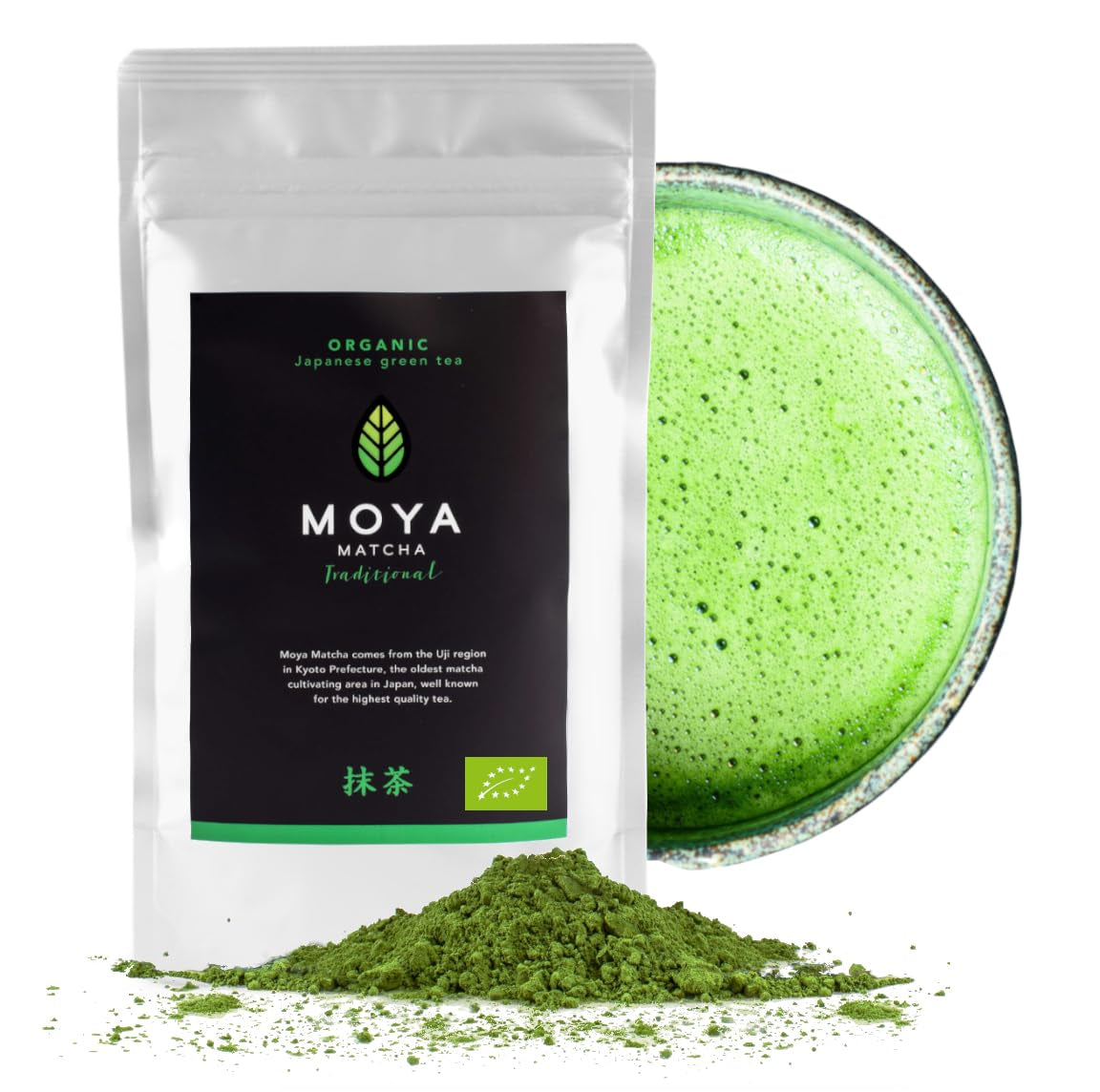 Moya Matcha økologisk grøn te pulver | 100 g traditionel ceremoni kvalitet 30 g | Økologisk dyrket og høstet i Uji, Japan | Perfekt at drikke til vand, matcha lattes, smoothies og limonade
