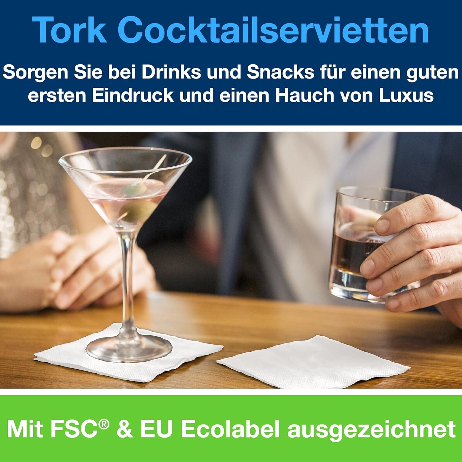 Tork Cocktail hvide servietter, 1/4-fold, 2-lags, 24 cm × 24 cm, 200 servietter, 477534