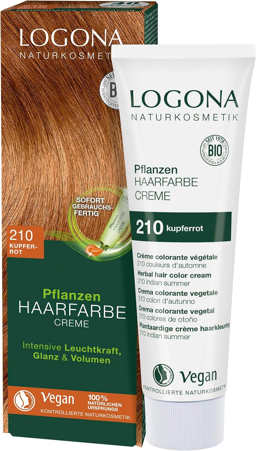 LOGONA Natural Cosmetics Plant Hårfarve Creme 240 Nougat Brun Naturlig Henna Brun Hårfarve Creme Brune toner Mørk hårfarve 150ml Naty Shop Hårfarve 210 Kobberrød [Indian Summer]