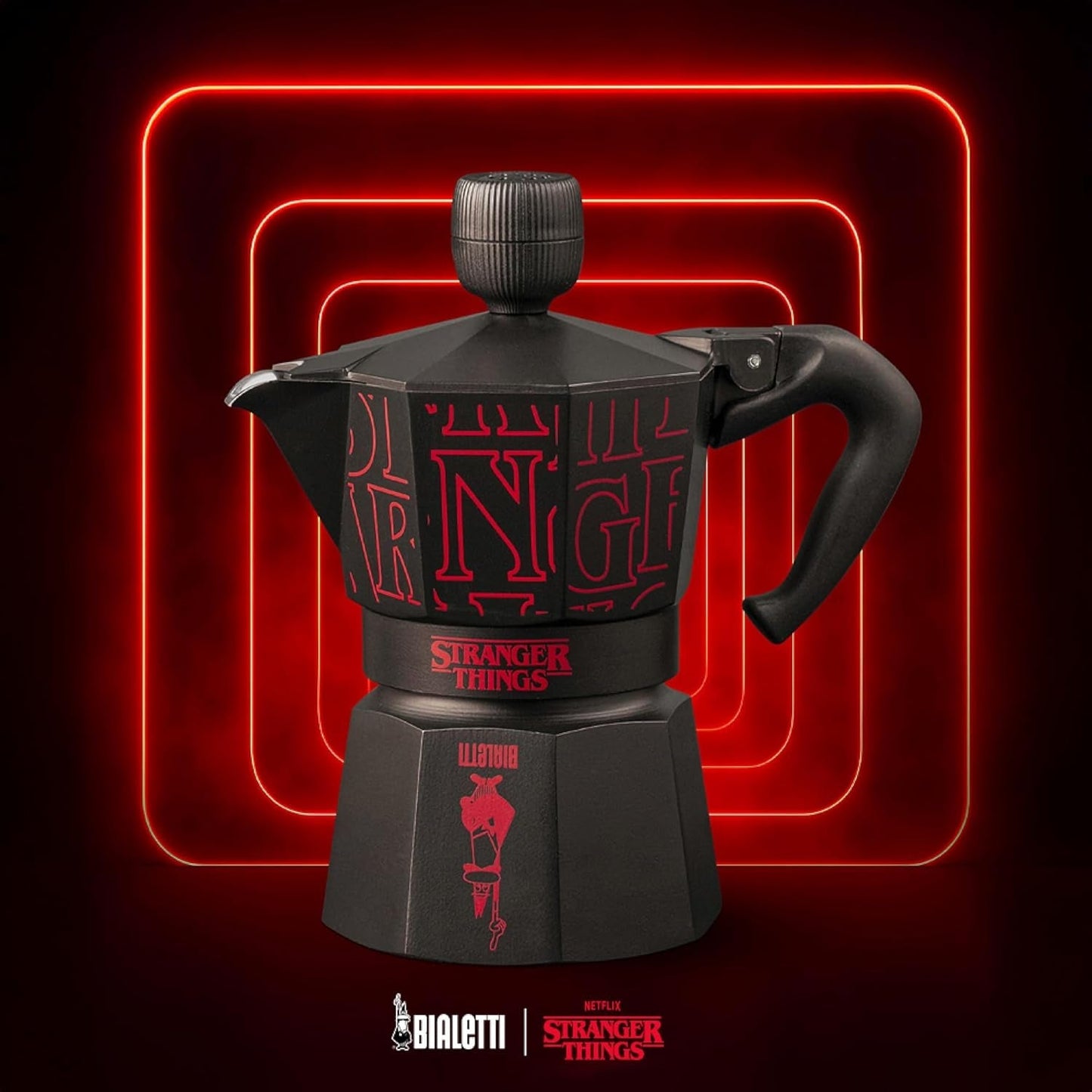 Bialetti Moka Express Stranger Things 3-kopps kaffemaskine, Musikknap med USB-C opladningsfunktion, Ikke egnet til induktionskogeplader, 3 kopper (130 ml), Sort