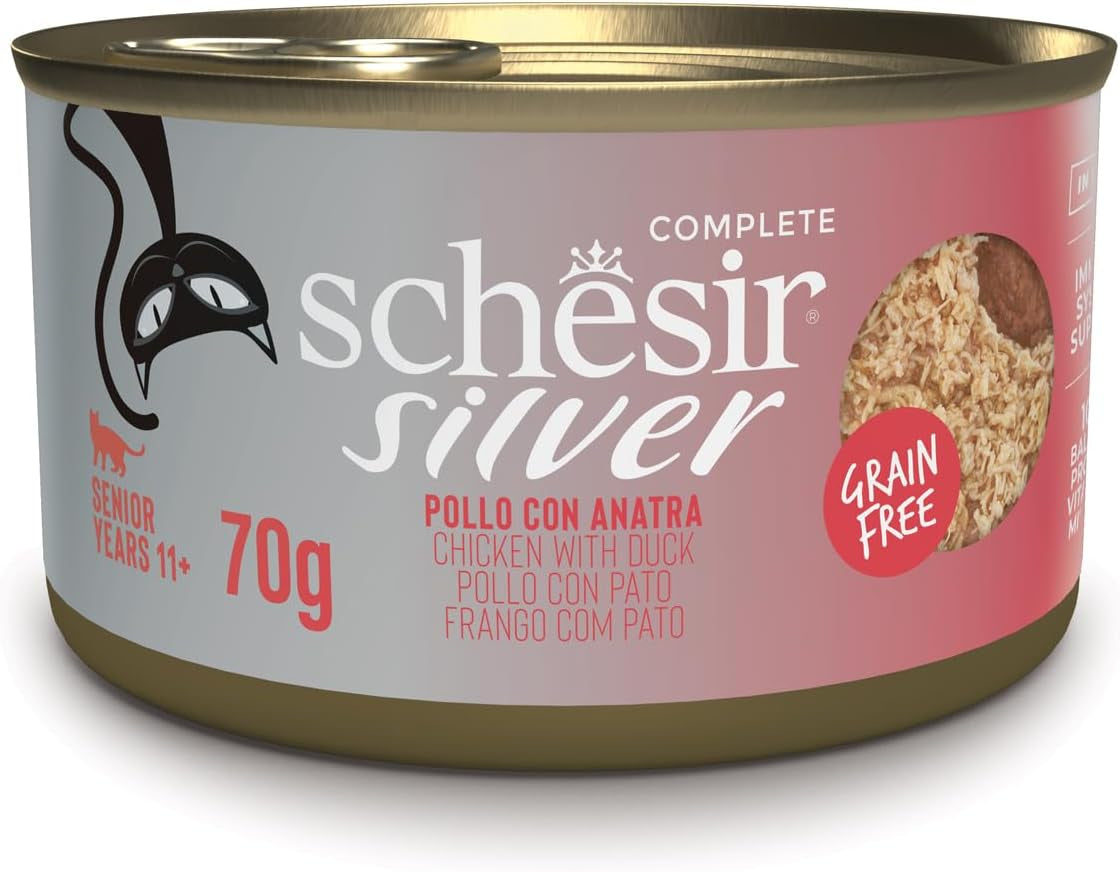 Sølvkylling med andemousse og fileter, komplet vådfoder til ældre katte, kornfri, immunstøtte, fugtkilde, 12 x 70 g