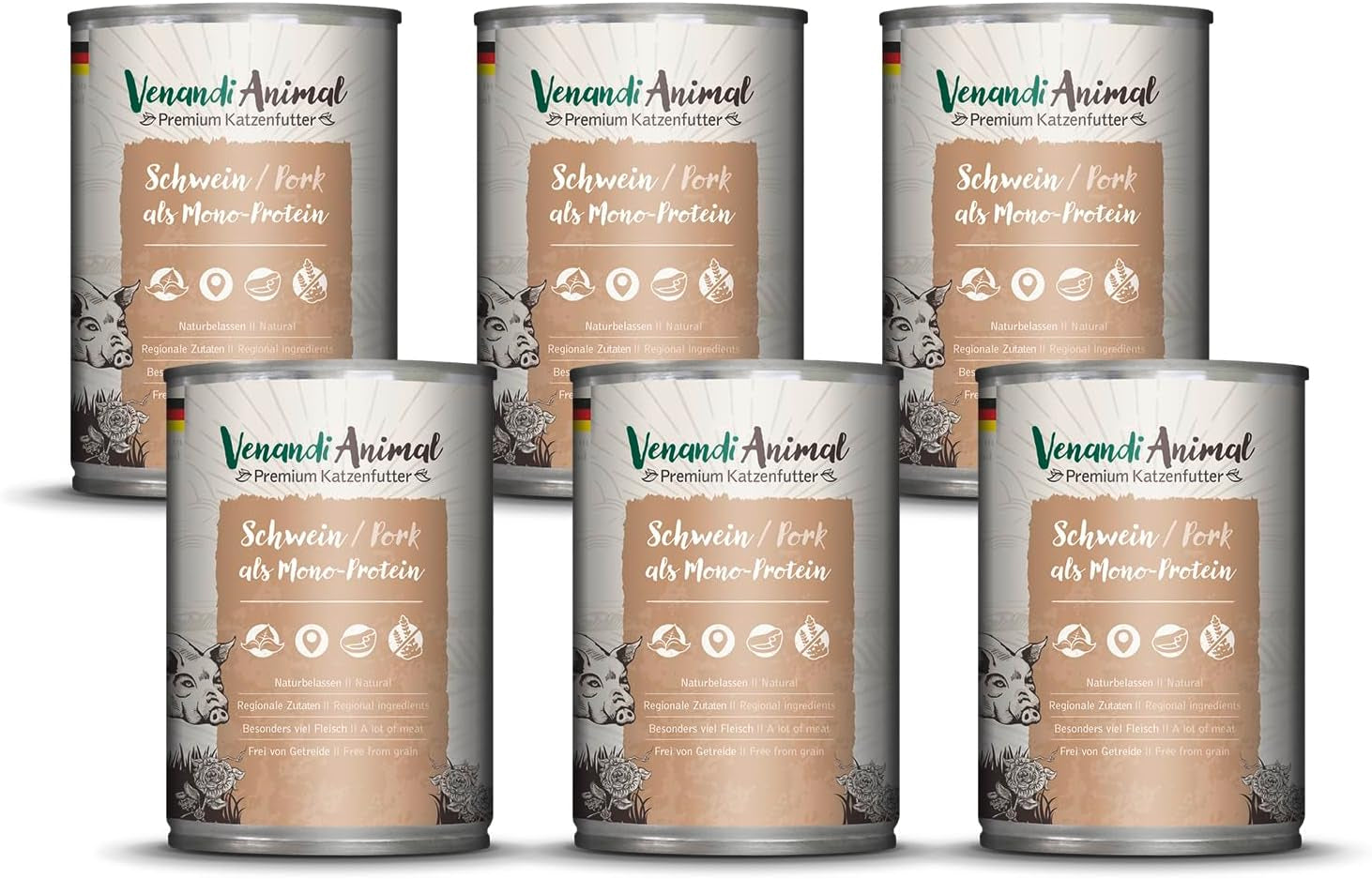 Venandi - Premium våd kattefoder - svinekød som et enkelt protein, 6 x 400 g (pakke med 6), kornfri med ekstra kød