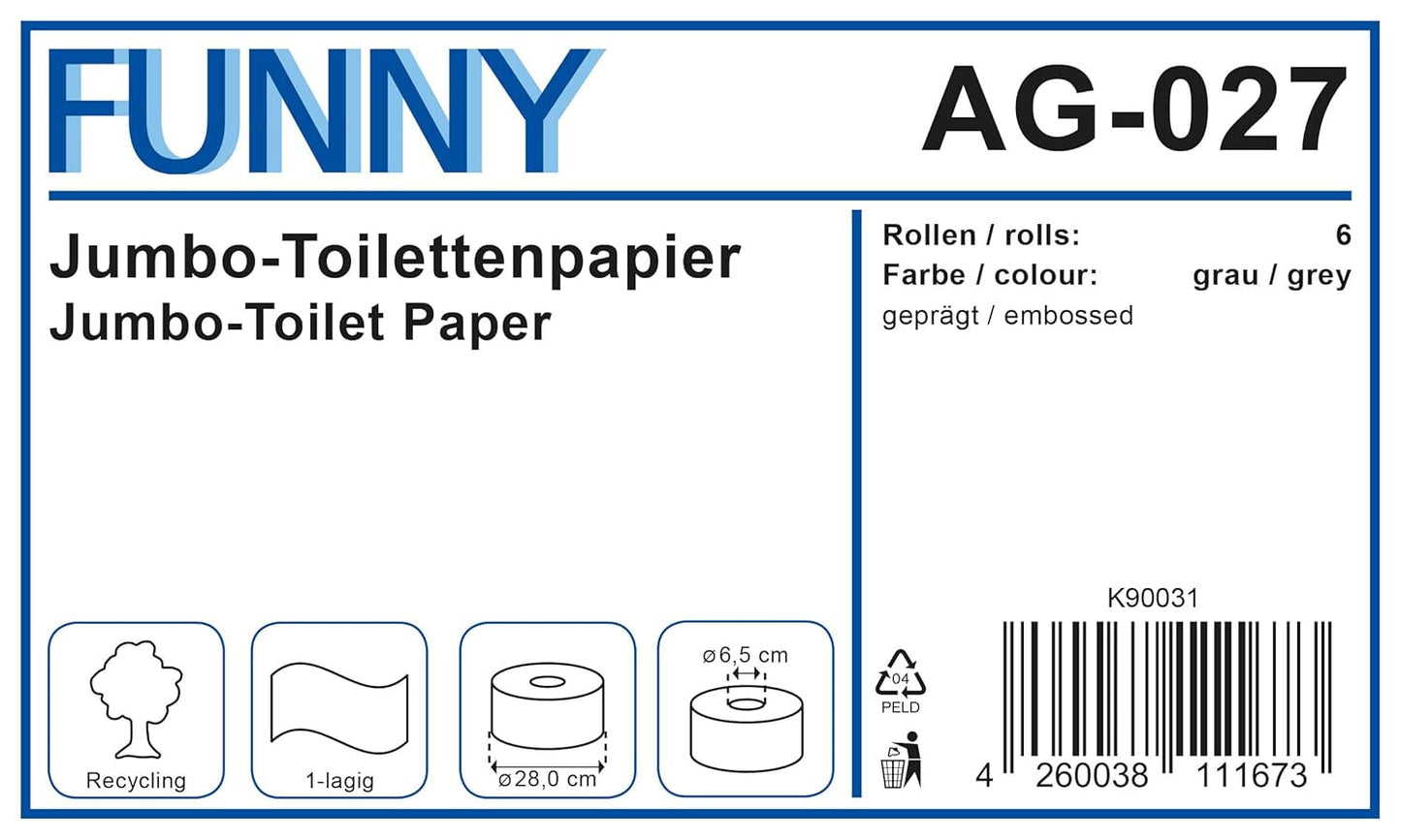 Funny AG-027 Jumbo toiletpapir, 1 lag, genanvendt, diameter 28 cm (pakke med 6)